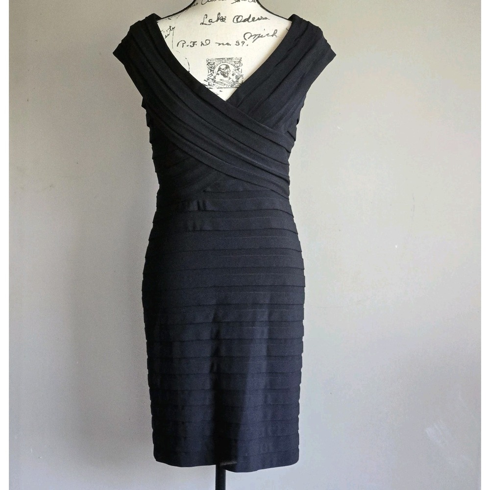 Tadashi Shoji Black Stretch Bandage Cocktail Party Dress Sz S‎ Sheath Gala Comfy - Picture 5 of 14